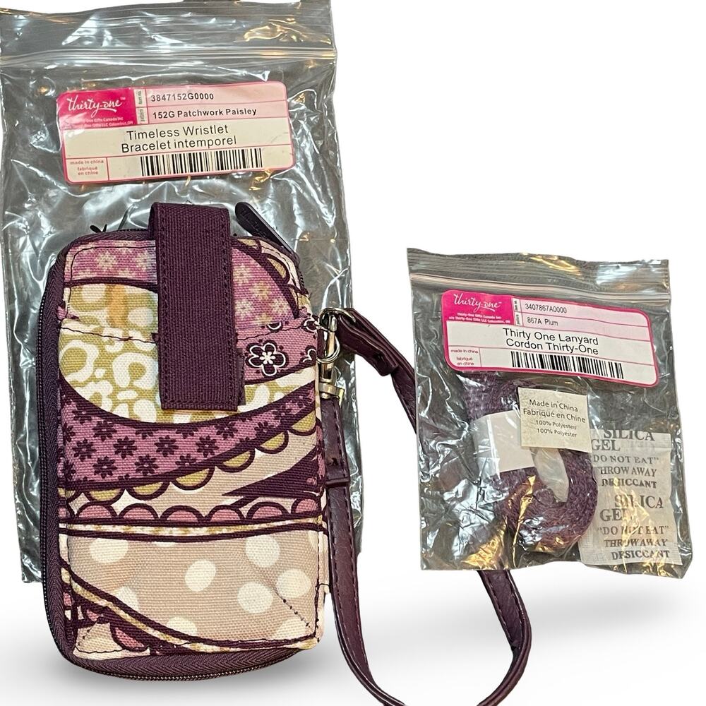 Thirty One Timeless Wristlet Wallet Patchwork Paisley Plum Lanyard Bag Bundle